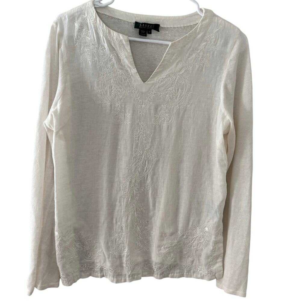 Lauren Ralph Lauren Women's White Linen Embroidered Top Feminine Size M